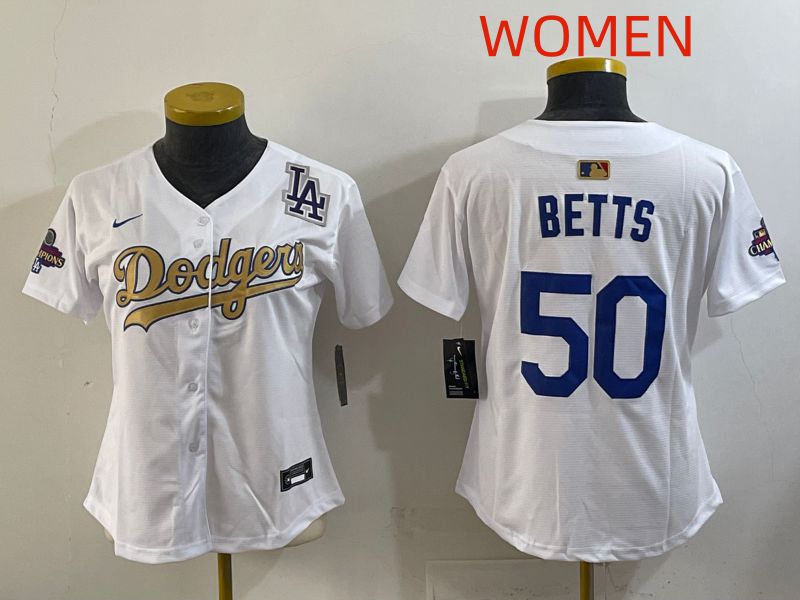 Women Los Angeles Dodgers #50 Betts White Champion edition Nike MLB Jersey style 005->women mlb jersey->Women Jersey